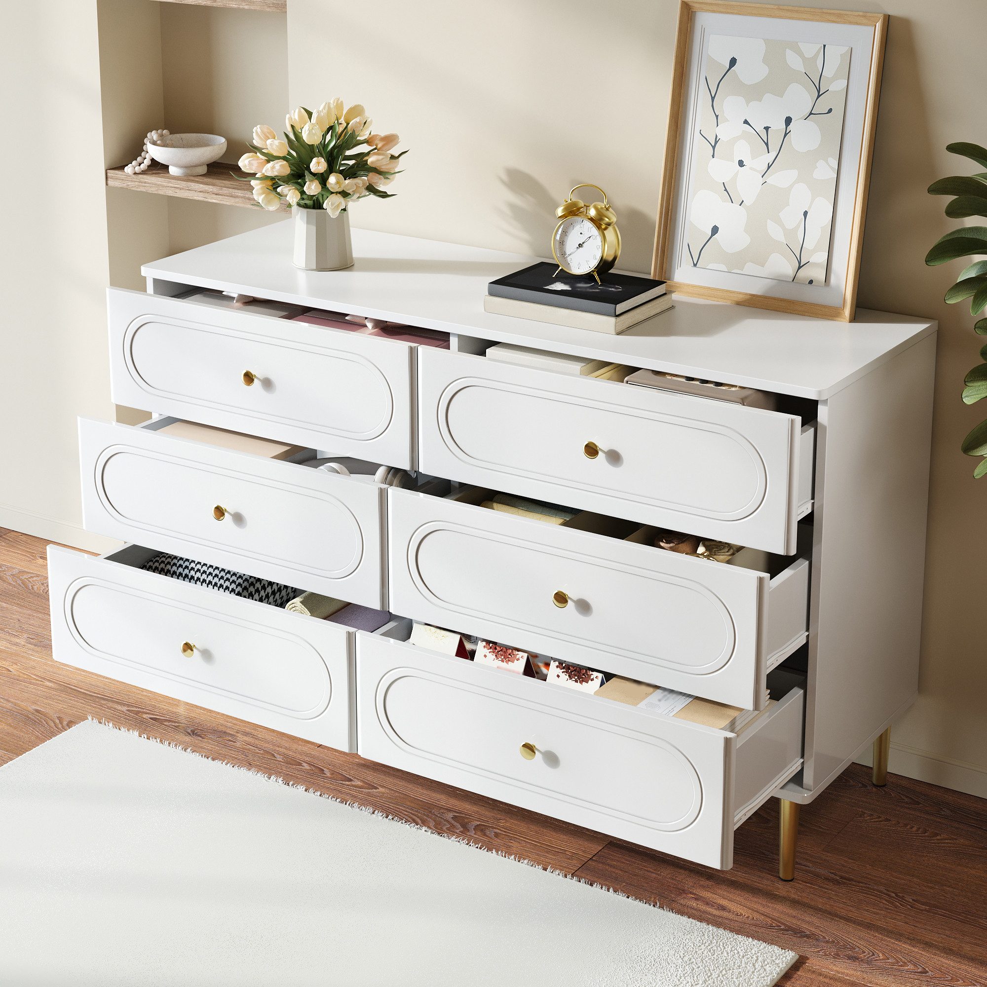 Merax Sideboard mit ovalen Vertiefungen & Metallfüßen (120 x 40 x 75 cm (L x B x H), 1 St), Aufbewahrungsschrank Kommode mit 6 Schubladen & großem Stauraum – Bild 2 von 5