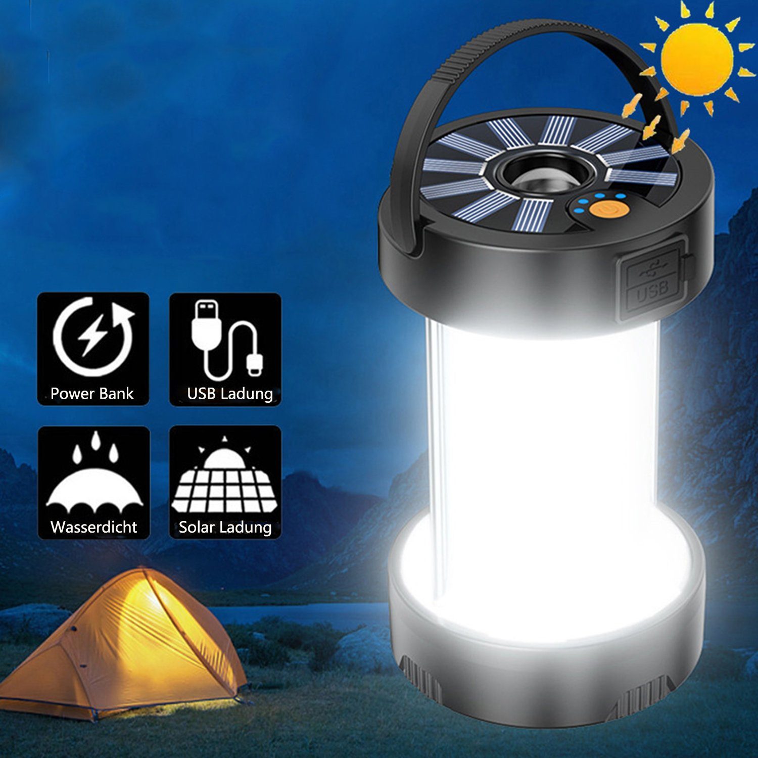 Vicbuy LED Laterne »Solar Campinglampe, Camping Laterne, Magnet  Campingleuchte«, Solarlaterne, 4 Beleuchtungsmodi, mit 1800mAH Akku,  Wasserdichte Tragbare Camping Leuchte, Zeltlampe, 360° Beleuchtung