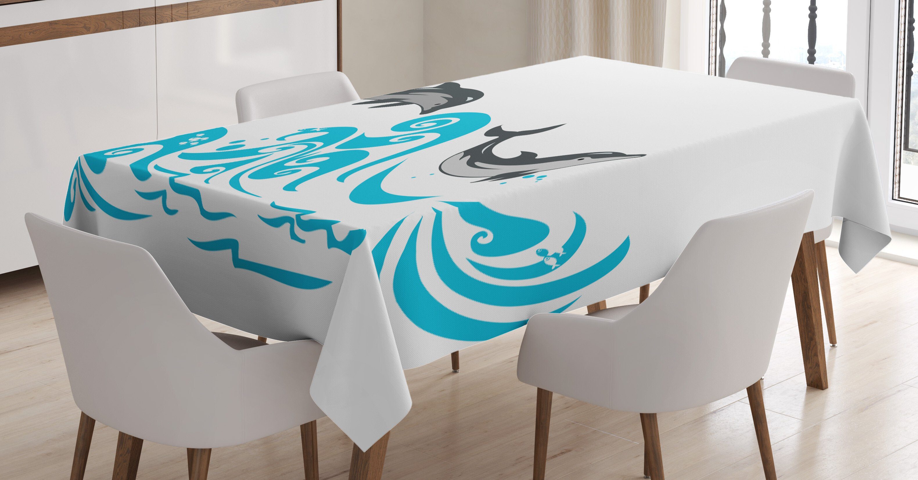 Abakuhaus Tischdecke Farbfest Waschbar Für den Außen Bereich geeignet Klare Farben, Delfin Big Fish Säugetier Wellen Kunst