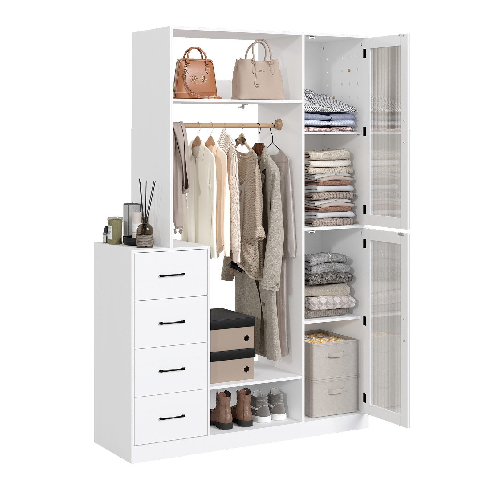 Puluomis Garderobenständer Kleiderschrank mit 4 Schubladen, Schuhregal, Lochwand 122x40x18cm weiß, verstellbare Regalböden, magnetische Schranktüren
