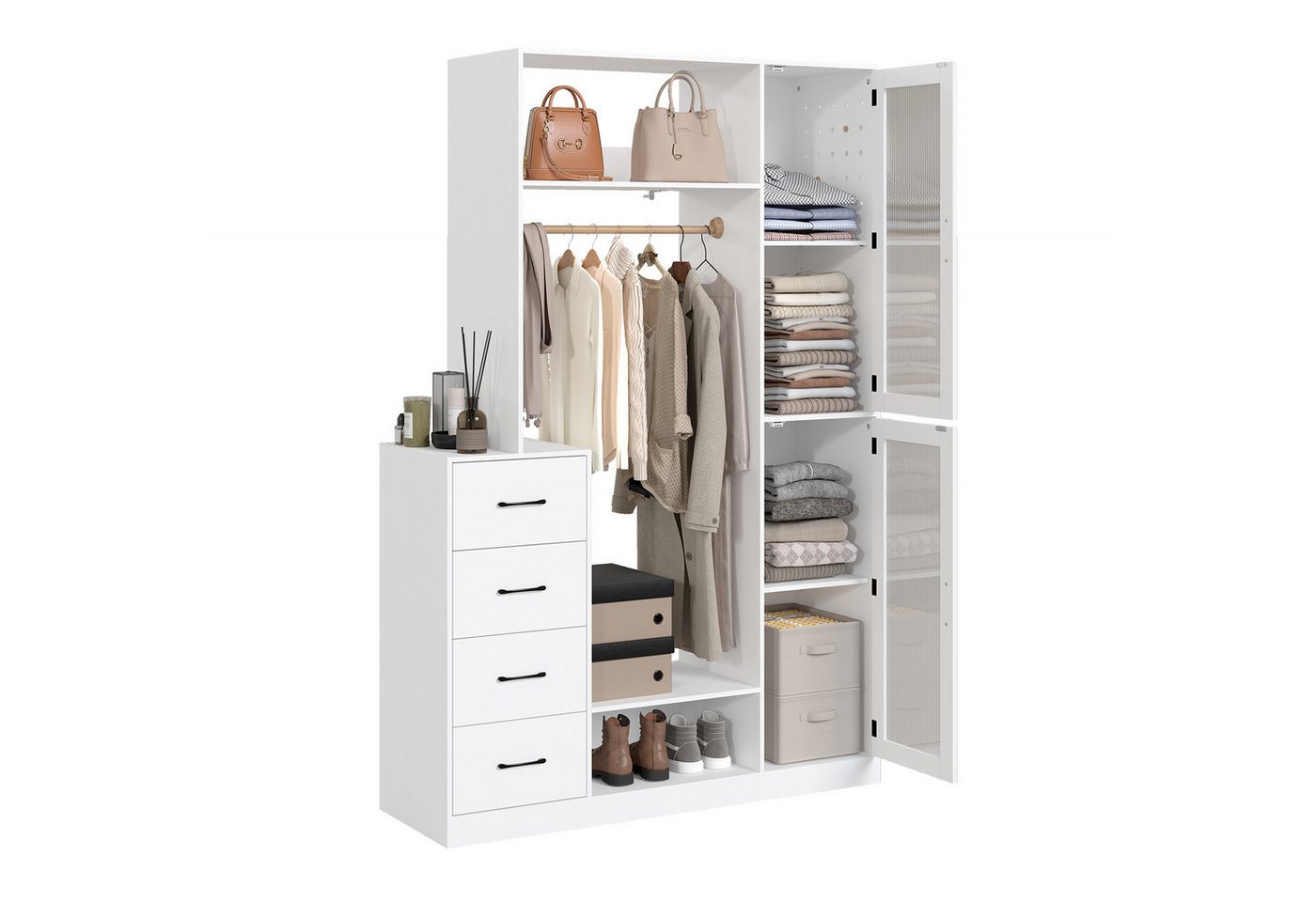Puluomis Garderobenständer Kleiderschrank mit 4 Schubladen, Schuhregal, Lochwand 122x40x18cm weiß, verstellbare Regalböden, magnetische Schranktüren