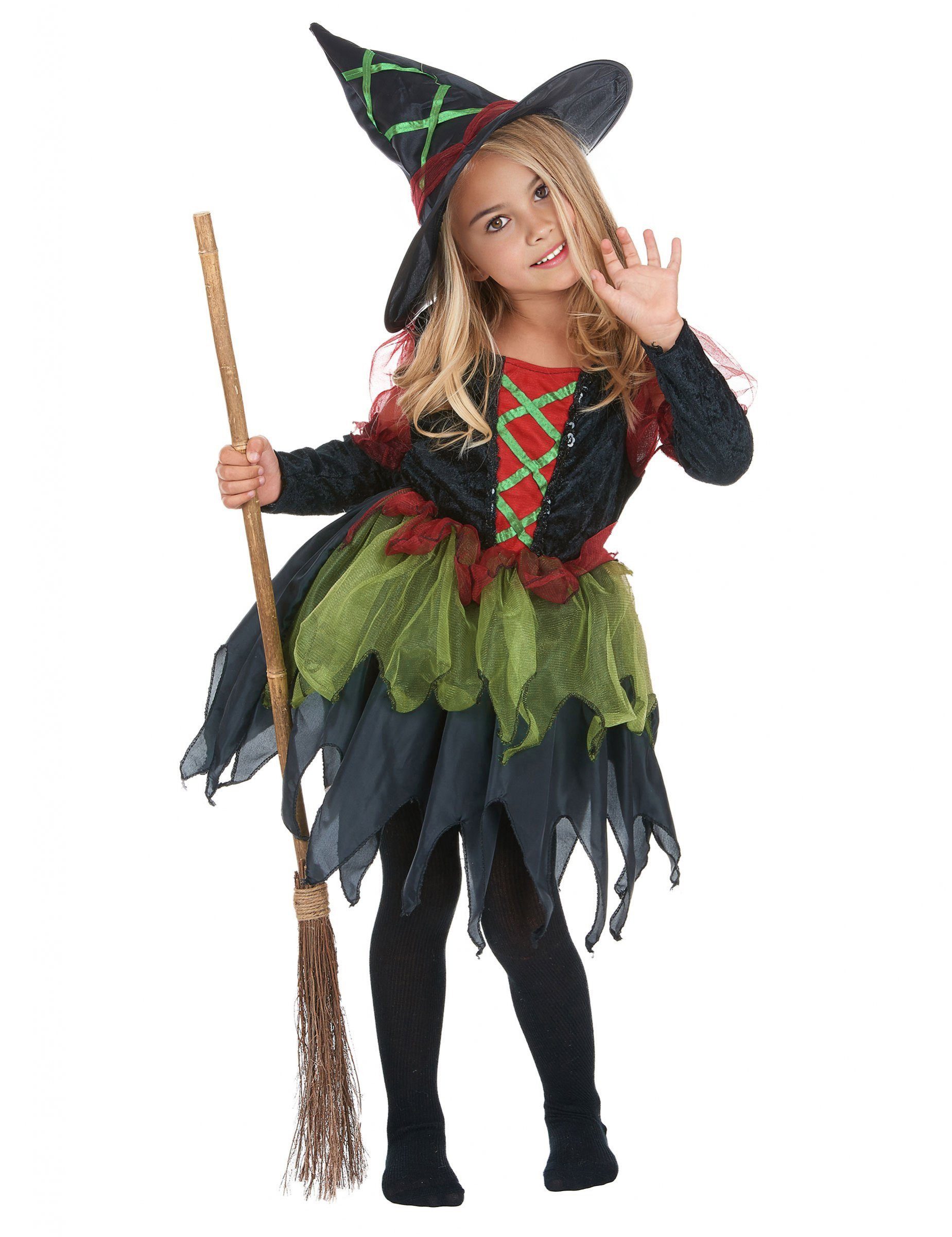 JADEO Hexen-Kostüm Freches Hexen-Kostüm für Mädchen Halloween-Kostüm schwarz-rot-grün