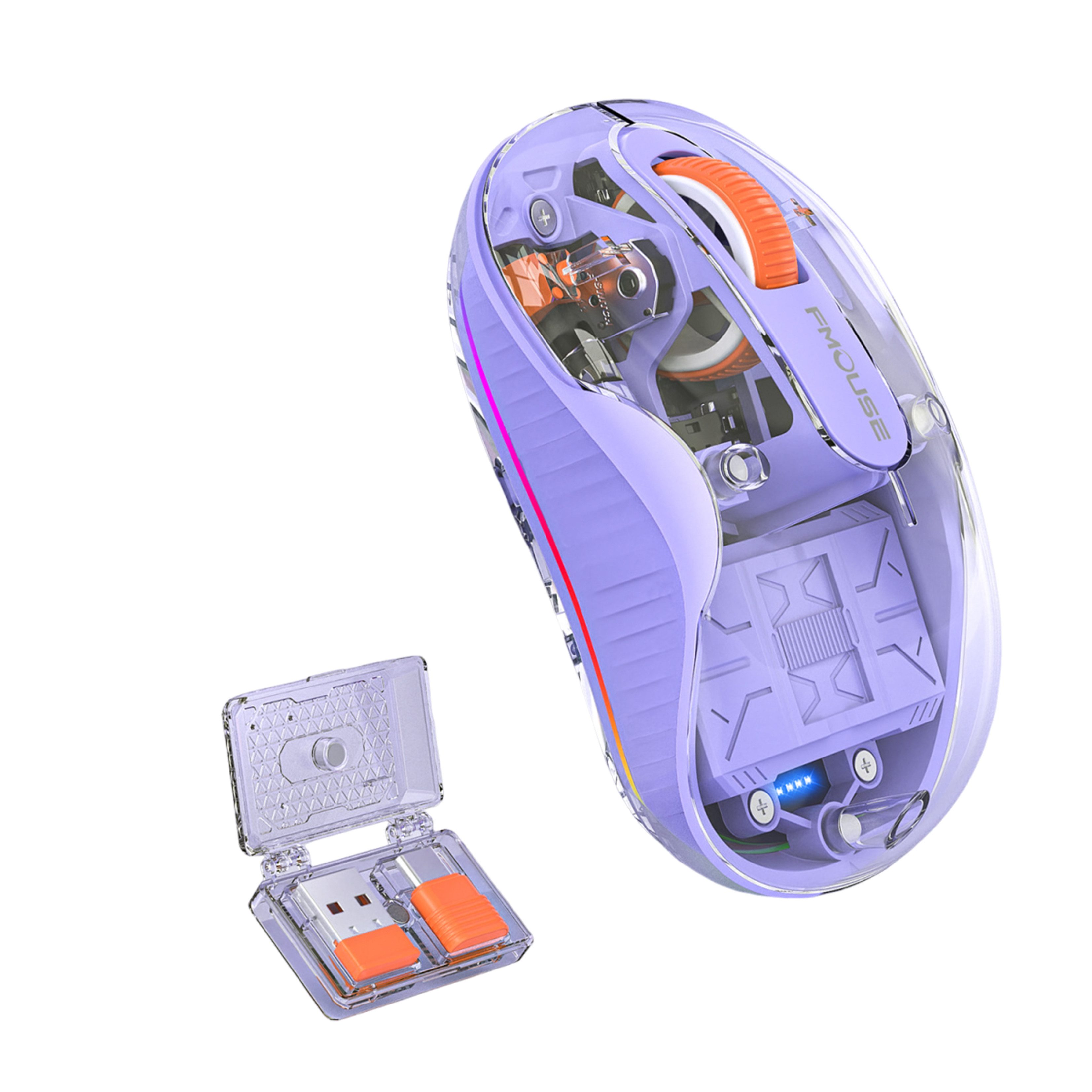 KINSI Wiederaufladbare Bluetooth Funkmaus, Transparent Design, Akku‑Anzeige Maus (Bluetooth, Funk, RGB, Multi‑Gerät für Laptop PC Tablet Handy)