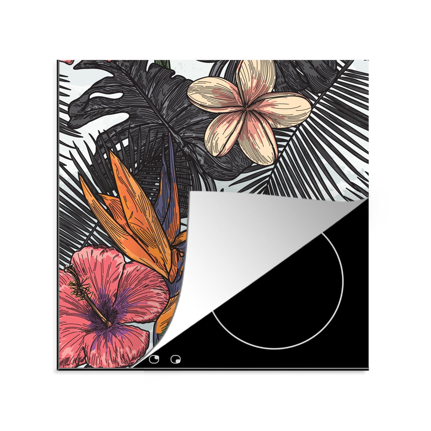 MuchoWow Herdblende-/Abdeckplatte Blumen - Blätter - Schwarz - Weiß, Vinyl, (1 tlg), 78x78 cm, Ceranfeldabdeckung, Arbeitsplatte für küche