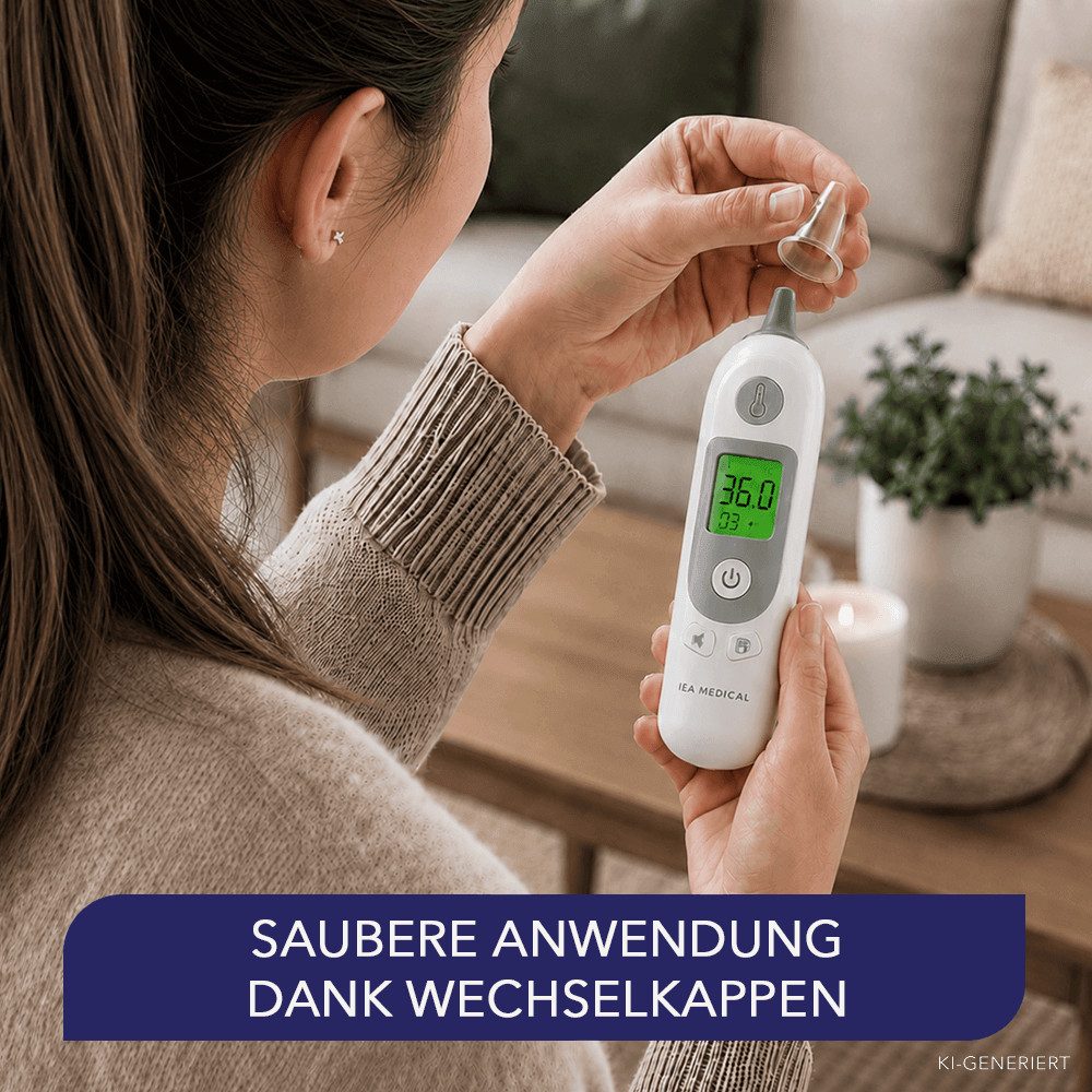 IEA Medical Ohr-Fieberthermometer Infrarot-Ohrmessung für Kinder & Erwachsene, hygienisch mit Schutzkappen, schnelle Messung, Speicherfunktion