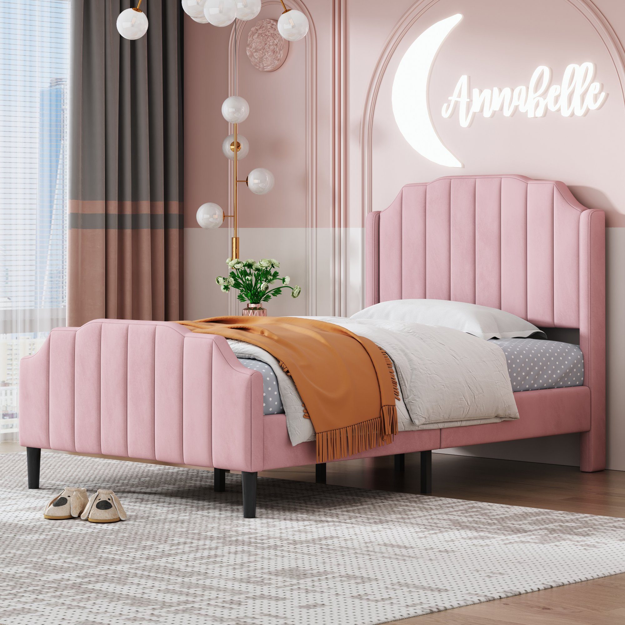 Polsterbett (Einzelbett 90 x 200 cm mit Kopfteil und Lattenrost), Jugendbett mit Gepolstertes Kopfteil, Bezug aus Samt