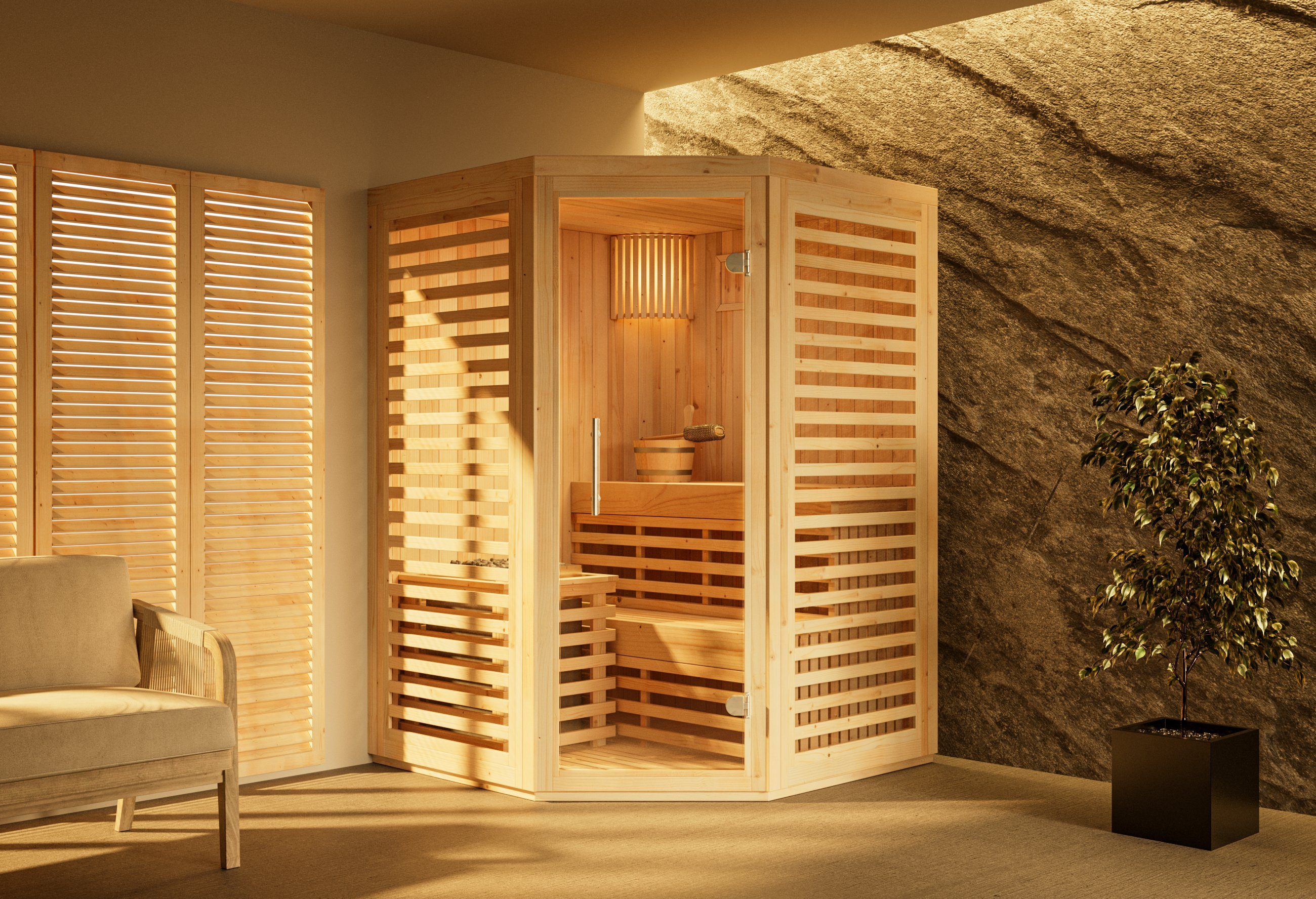 FinnTherm Sauna Innensauna Svala, BxTxH: 141 x 141 x 213 cm, 72 mm, in Naturbelassen