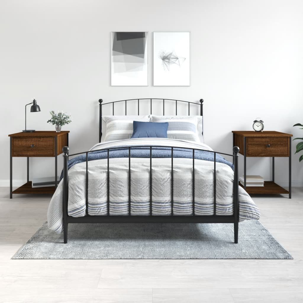 Nachttisch 44x45x58 cm Braun Massivholz Eichen-Optik mit Metallgestell