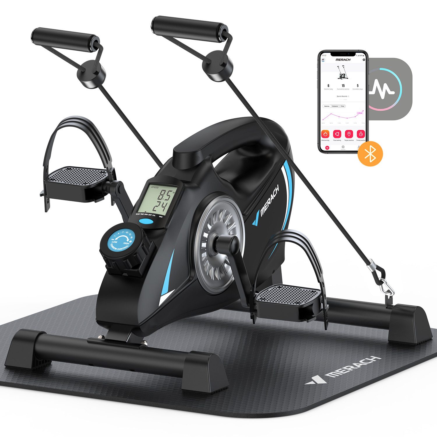 MERACH Mini-Heimtrainer Beimtrainer, Pedaltrainer, leise & gelenkschonend (Mini Bike mit Rutschfester Matte, 16-stufiger Einstellbar Widerstand, Trainingsgeräte für Zuhause mit LCD-Display, Platzsparend), inkl. 2 Widerstandsbändern und Rutschfester Matte, für Zuhause & Büro