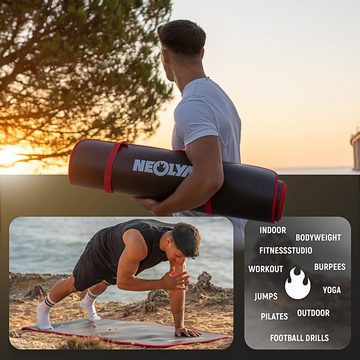 NEOLYMP Fitnessmatte Trainingsmatte für Workouts, Yoga & Pilates - Sportmatte rutschfest (Yogamatte mit Tragegurt inklusive Trainingsbuch mit Übungseinheiten, Sportmatte mit Tragegurt), Gelenkschonend, Schalldämpfend, Langlebig, 8 mm Dicke, Stoffkanten