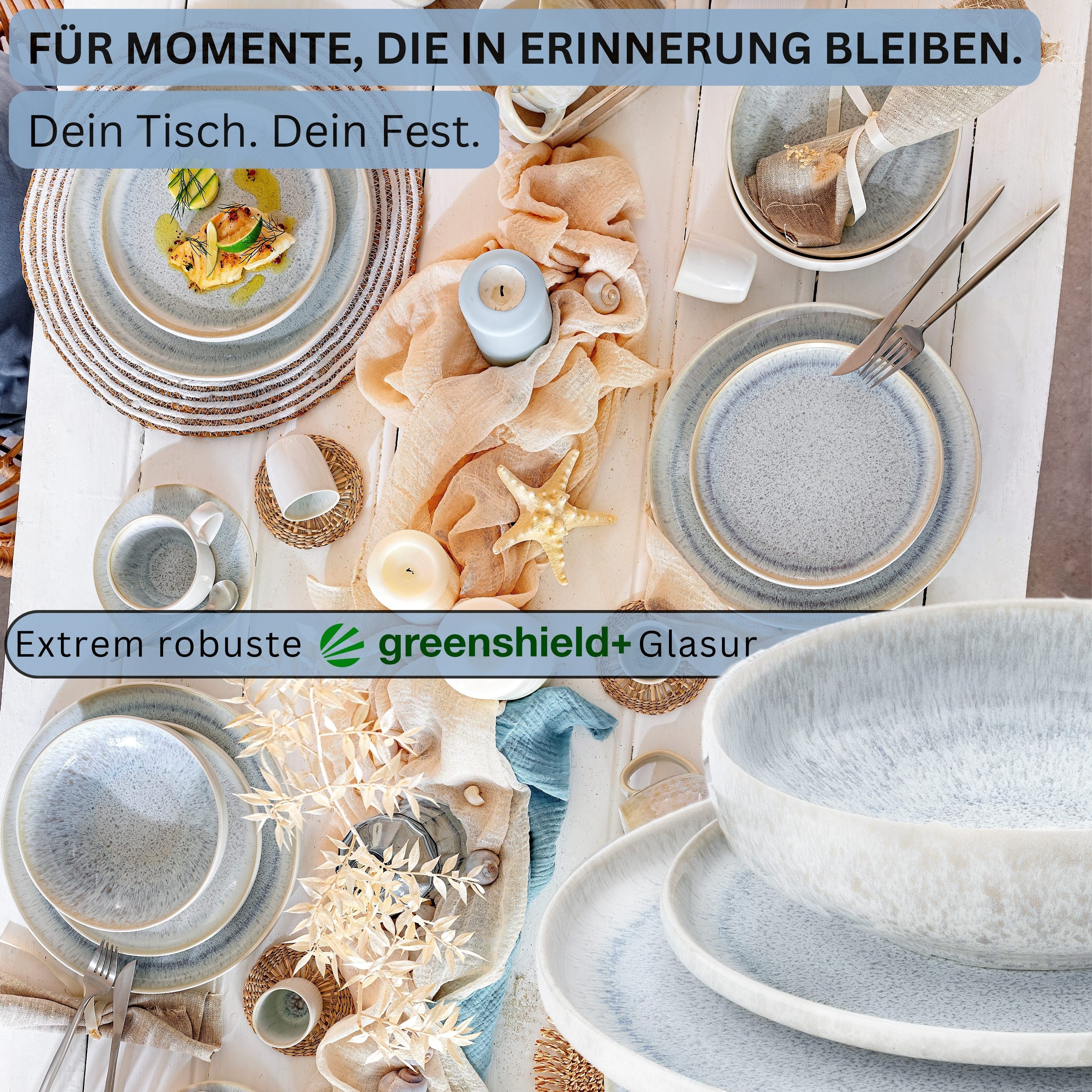 SÄNGER Tafelservice Santorini Geschirrset (12-tlg), 4 Personen, Steingut, Cremefarben mit Flieder Blauem Verlauf, Premium Collection, Handmade