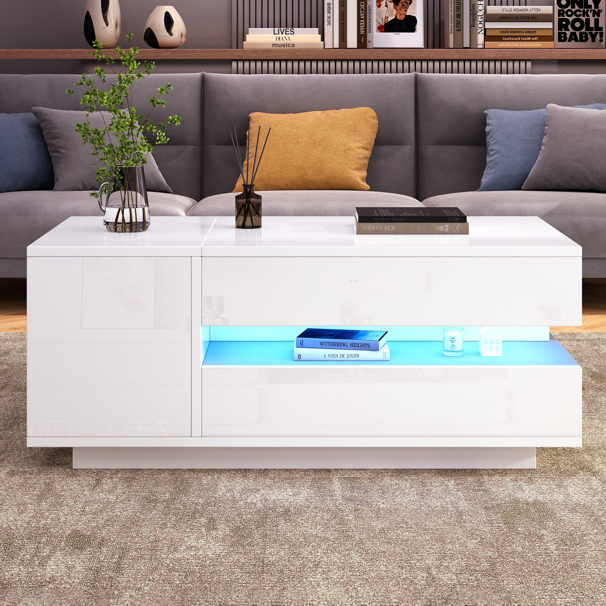 Merax Couchtisch anhebbarer Sofatisch hochglanz Beistelltisch mit LED-Beleuchtung (hydraulische Hebefunktion, modern & funktional, 1-St., Höhenverstellbare Tisc – Bild 4 von 5