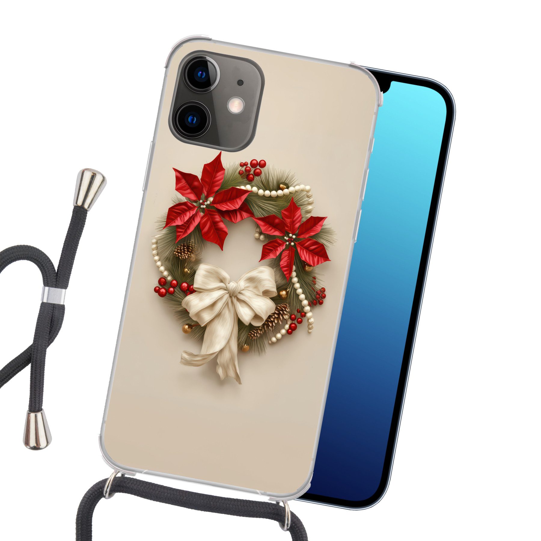 MuchoWow Handyhülle für Apple iPhone 12 Türkranz - Schleife - Weihnachten - Rot - Grün, Tragbare Handyhüllen mit Kette zum umhängen, Handykette Handyband