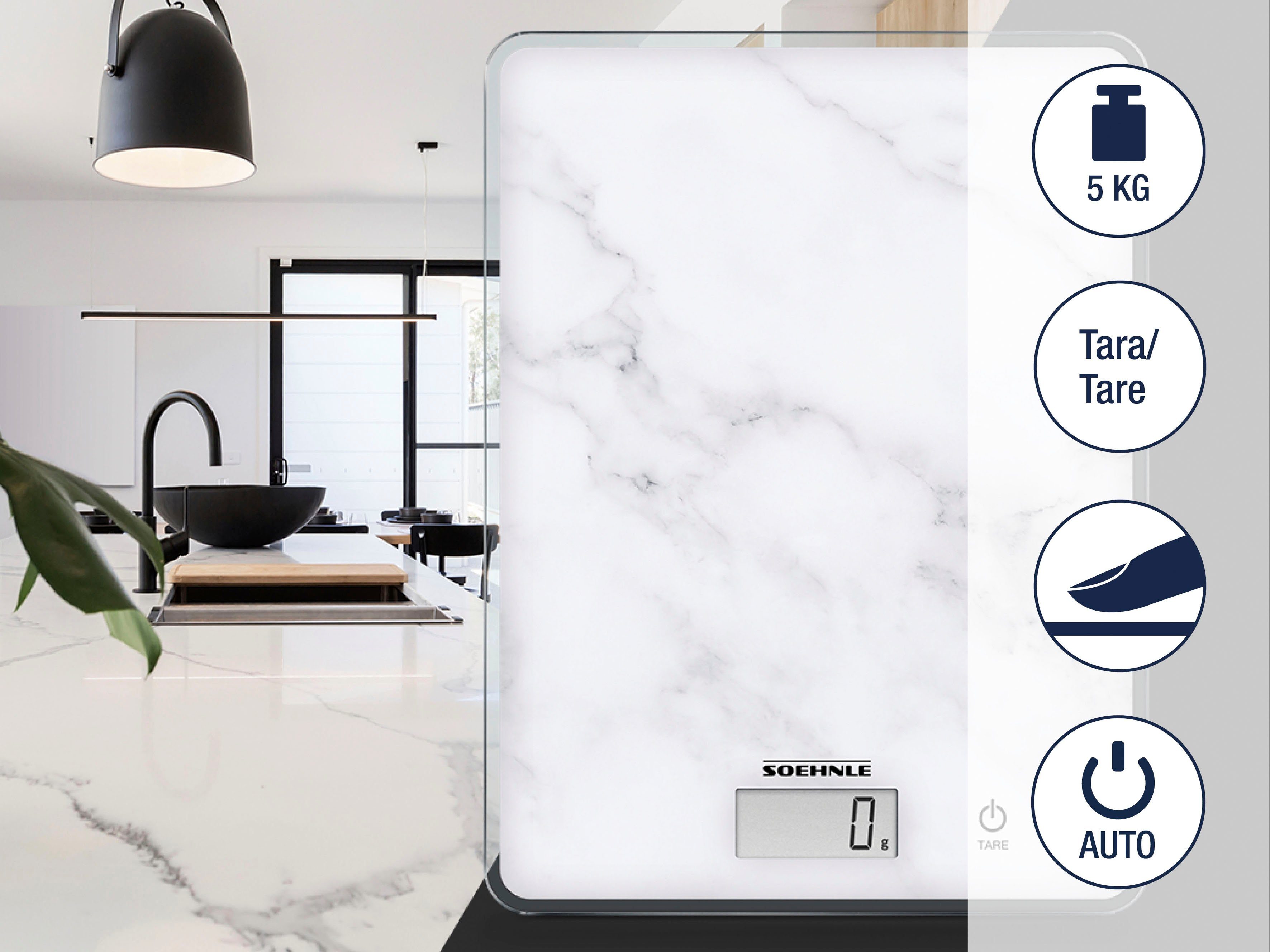 Soehnle Küchenwaage Page Compact 300 Marble, Tragkraft 5 kg, 1 g genaue Teilung