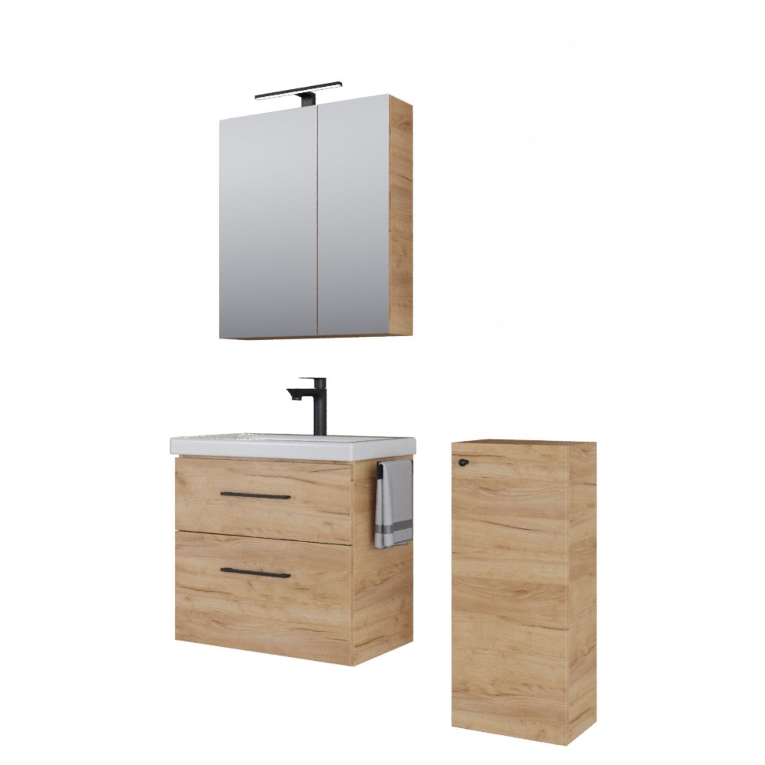 Badezimmer-Set Badmöbel-Set mit Spiegelschrank 63cm und Midischrank