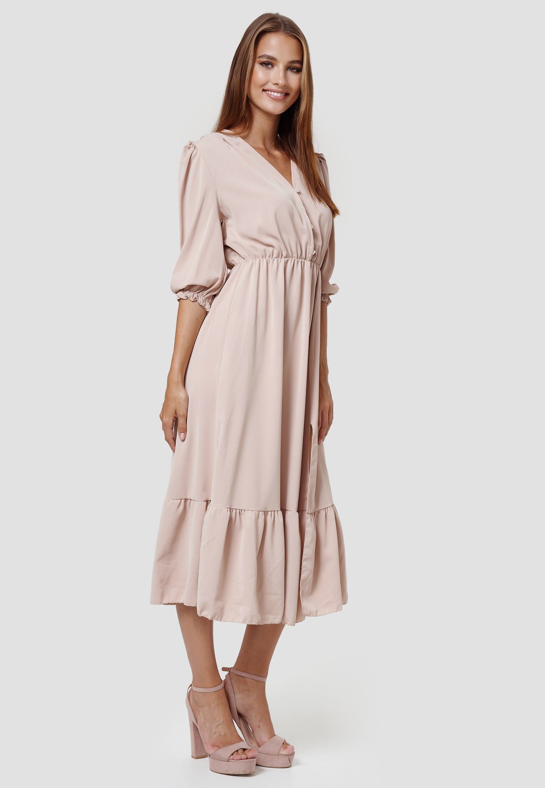 Rayshyne Sommerkleid RS15 (Romantisches Kleid Rüsche und mit Beige Schlitz)