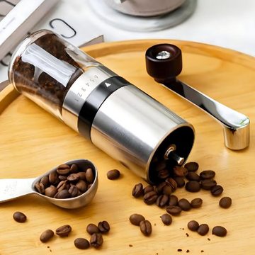 HYIEAR Kaffeemühle Edelstahl-Handkaffeemühle, 6-stufig einstellbar, tragbar, Silber, Keramikmahlwerk, 15,00 g Bohnenbehälter, 110ml Pulverbehälter, inkl. Siebträgeradapter und Reinigungspinsel