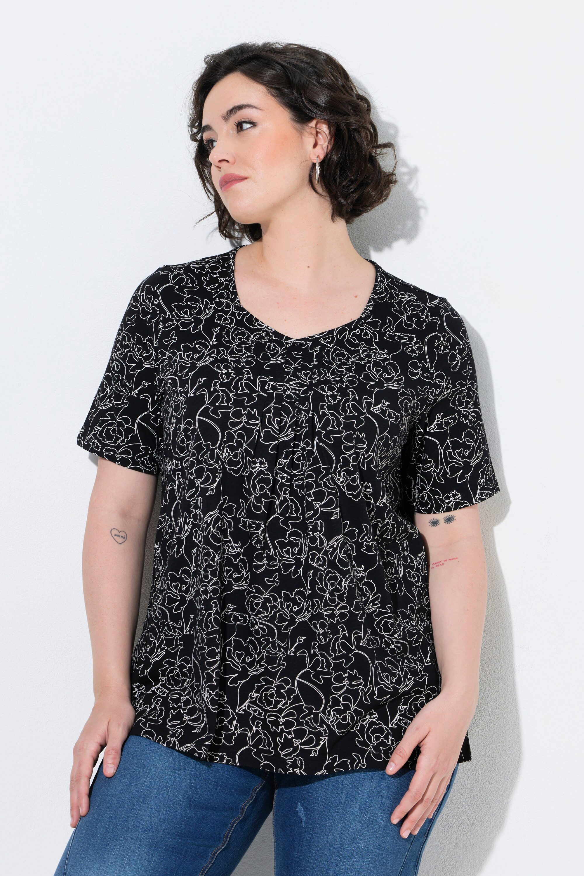 Ulla Popken T-Shirt T-Shirt Zierfalten A-Linie Herzausschnitt Halbarm