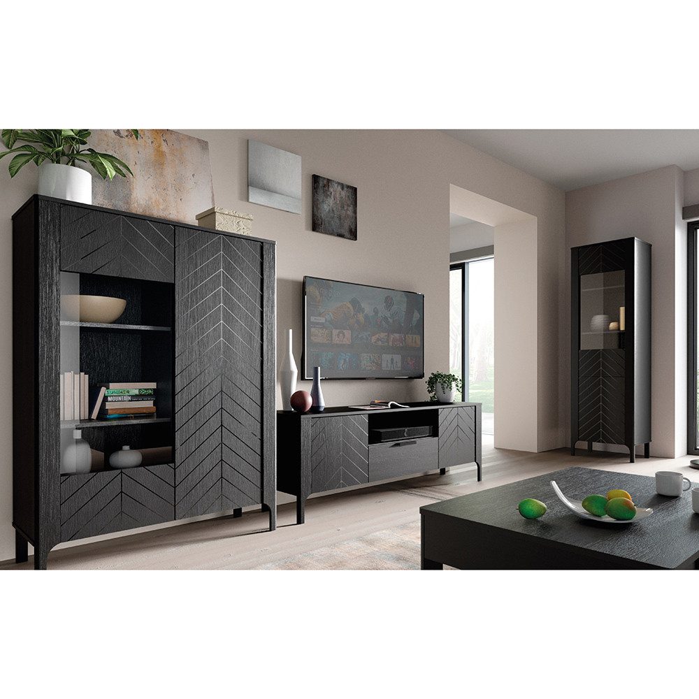 Lomadox Wohnzimmer-Set MAZARA-161, (Mega-Spar-Set, 3-St., Vitrine Lowboard Highboard), Wohnzimmermöbel mit Fischgrät Dekor, Push-to-Open, Softclose-Funktion