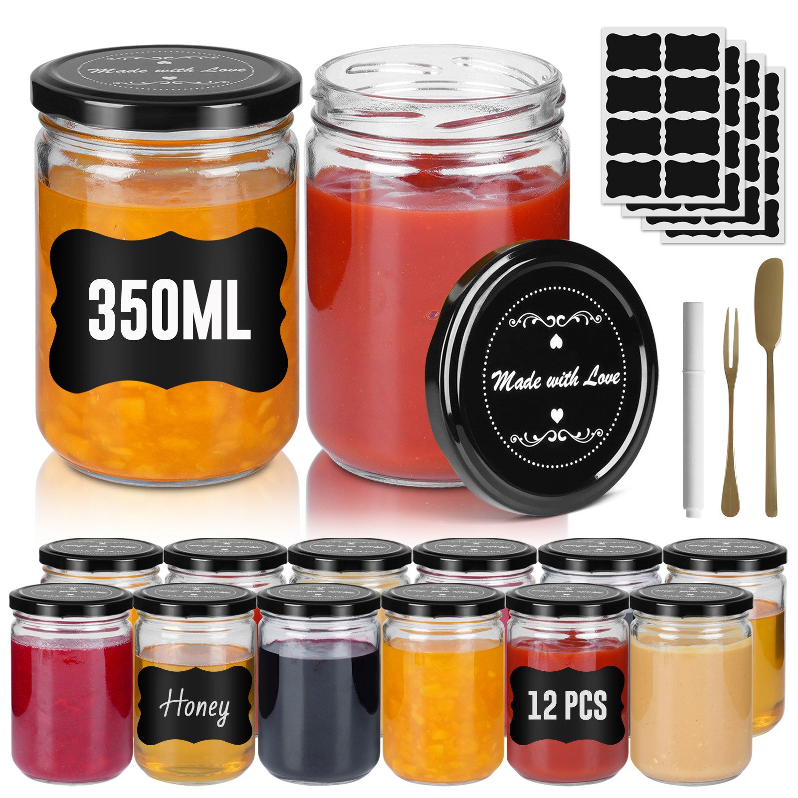 FIVMEN Einmachglas Marmeladengläser mit Deckel Банки Marmelade Marmeladenglas, (12/24er Set), für selbstgemachte Marmelade, Konfitüre und Bastelarbeiten 240/350 ml