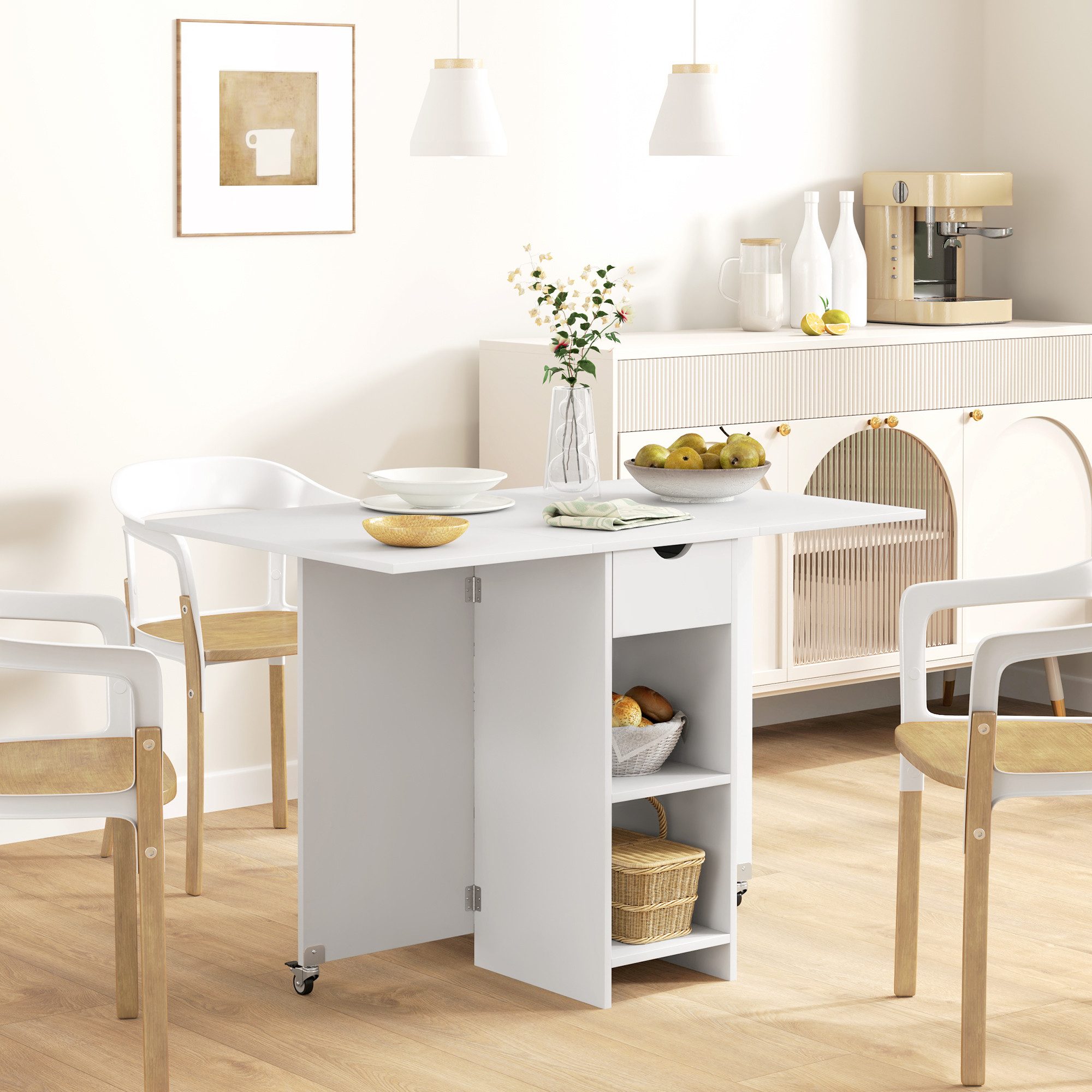 HOMCOM Klapptisch Küchentisch mit Schublade und 2 Ablagen, Moderner Esszimmertisch (Set, 1-St., Klappbarer Esstisch), für Kleine Räume, Esszimmer 114,5 x 70 x 75 cm, Weiß