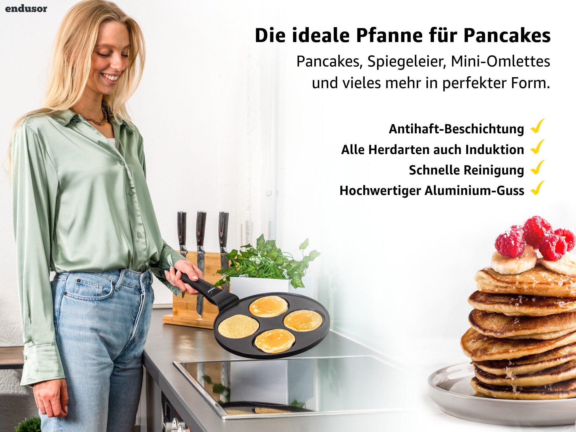 endusor Crêpepfanne Pancake Pfanne ⌀26cm (4 Mulden), Aluminiumguss (Alle Herdarten inkl. Induktion, Ø 26cm Bratpfanne), modernster Antihaft-Beschichtung & Eisenkernboden für Pancakes & Mehr