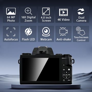 Fine Life Pro Digitalkamera 4K Autofokus 64MP 16X Digitalzoom Kompaktkamera (WLAN (Wi-Fi), inkl. Touchscreen Fotokamera mit Haube, Kompaktkamera mit WiFi Funktion, Vlog Kamera für Senioren Anfänger (Schwarz)