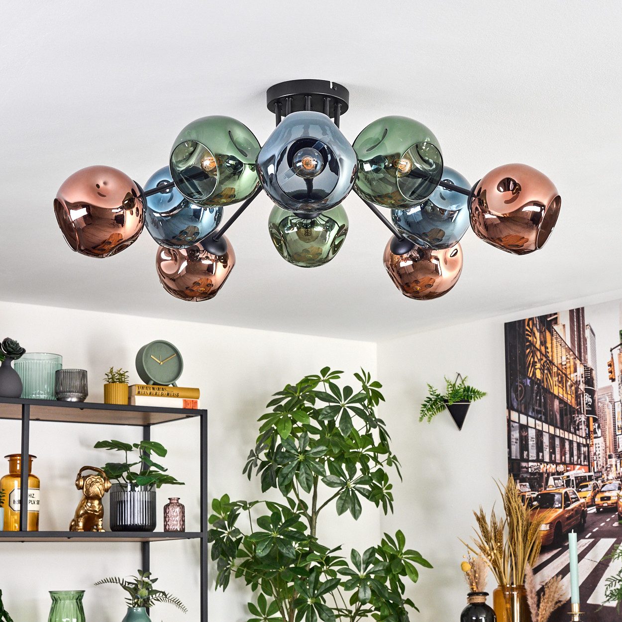 hofstein Deckenleuchte Deckenlampe aus Metall/Riffelglas in Schwarz/Blau/Gold-/Kupferfarben, Deckenleuchte im Retro/Vintage-Design (Schirme Ø 15 cm), 10 x E14