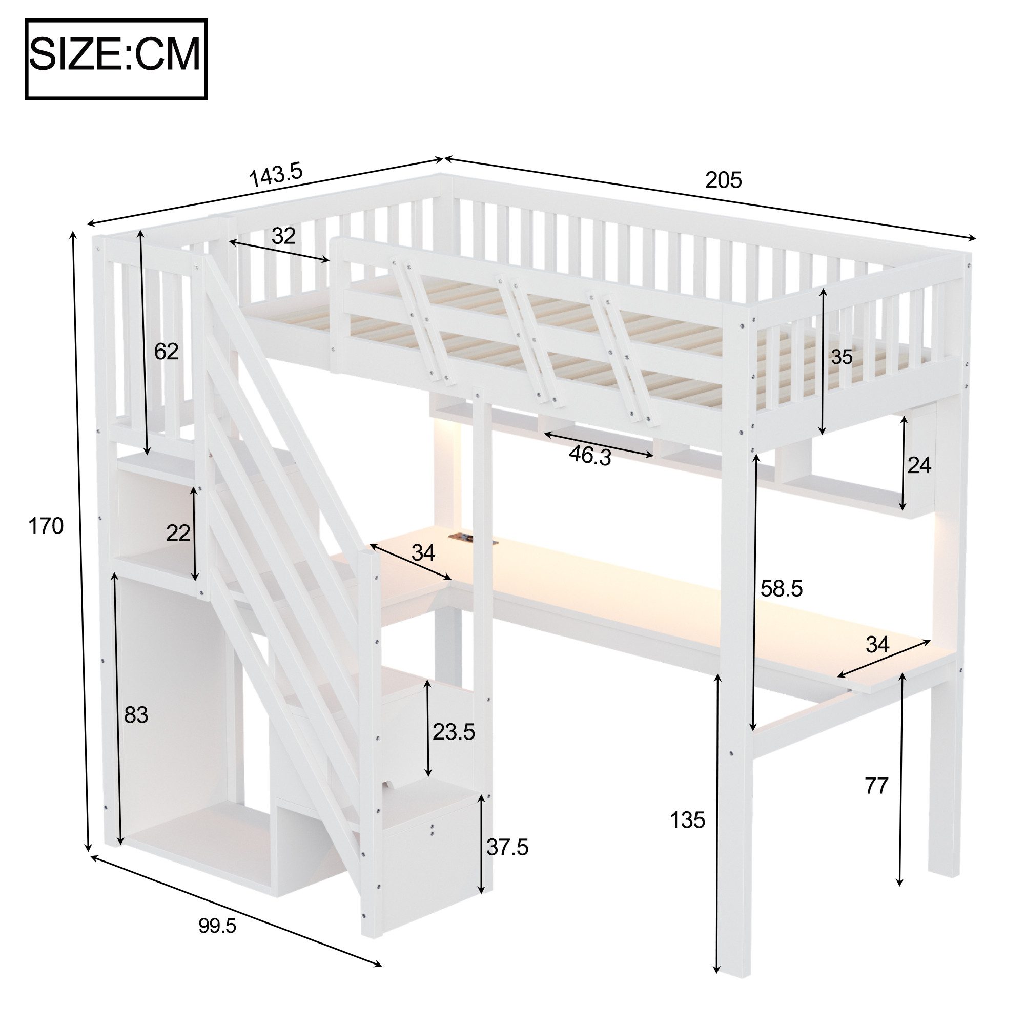 Merax Hochbett mit LED-Beleuchtung und USB-Anschluss (1-St., Massivholz Jugendbett Einzelbett) Kinderbett 90x200cm mit Stauraumtreppe, Schreibtisch & Ablagefläc – Bild 5 von 5