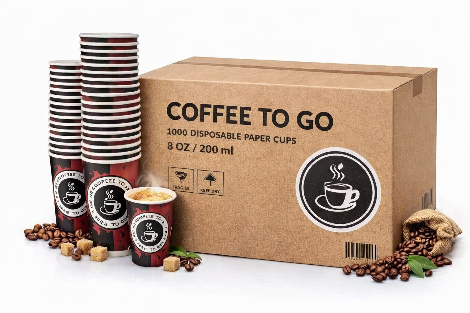 PACKEO Coffee-to-go-Becher Kaffeebecher To Go 200 ml (8 oz), Pappbecher für Heißgetränke, 200-tlg., Braun/Schwarz