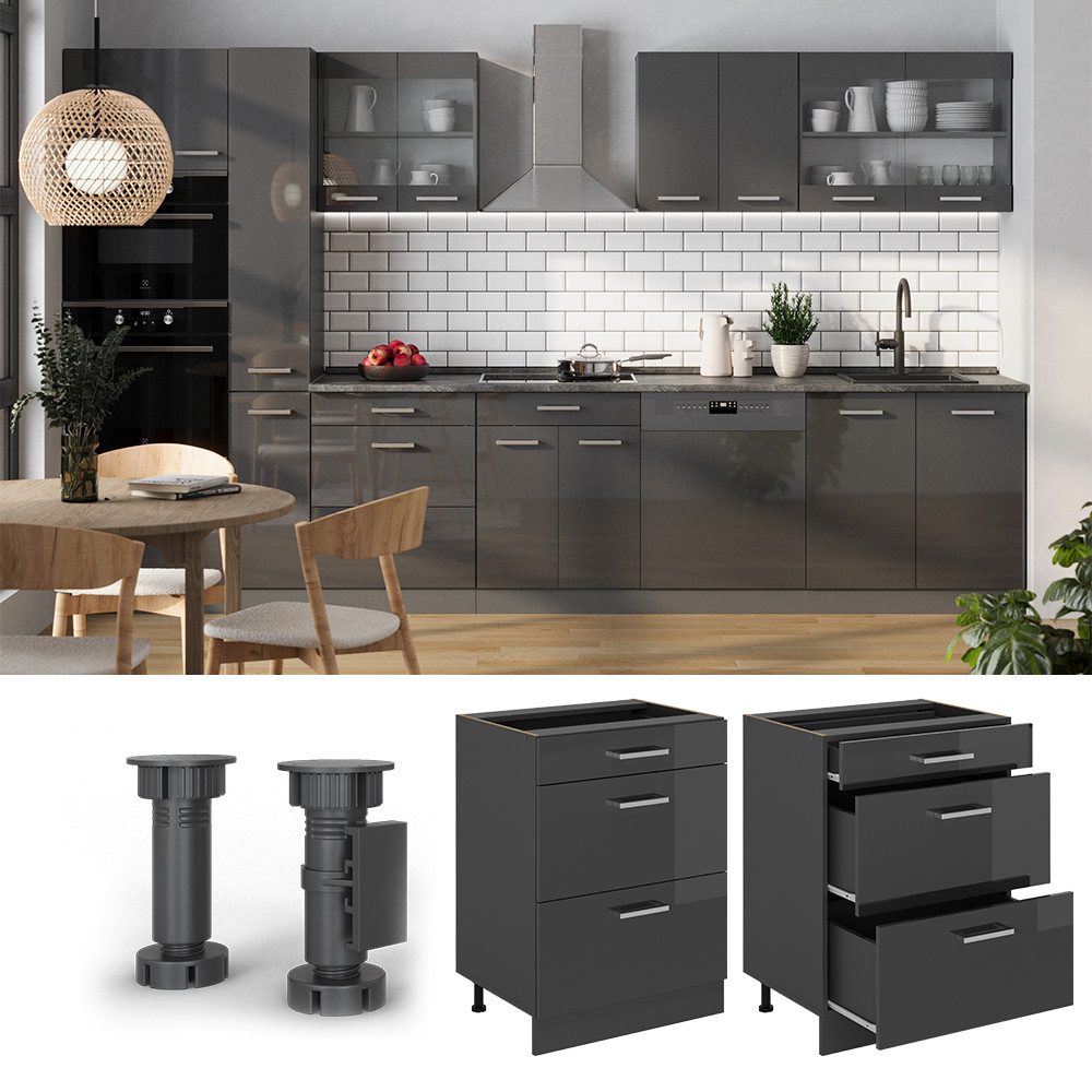 Vicco Unterschrank R-Line, Anthrazit Hochglanz/Anthrazit, 60 cm mit Schubladen, ohne A... (1-St)