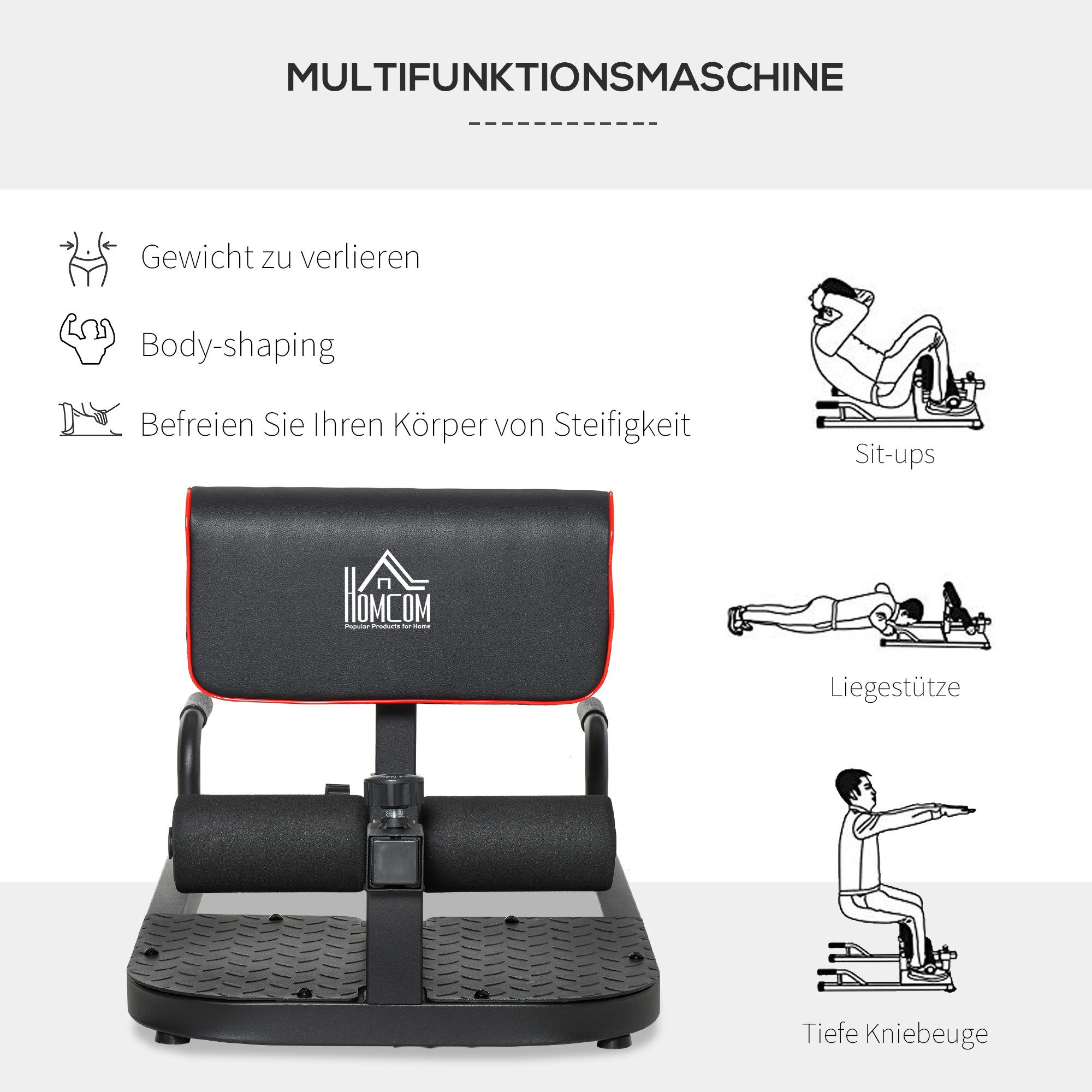 HOMCOM Bauchtrainer Sissy Squat Kniebeugentrainer Beintrainer (Bauch-Gesäß-Trainer, 1-St., 3 in 1 Trainer verstellbar bis 120 kg), bis 120 kg Stahl Schwarz 50 x 97 x (44,5–56,5) cm