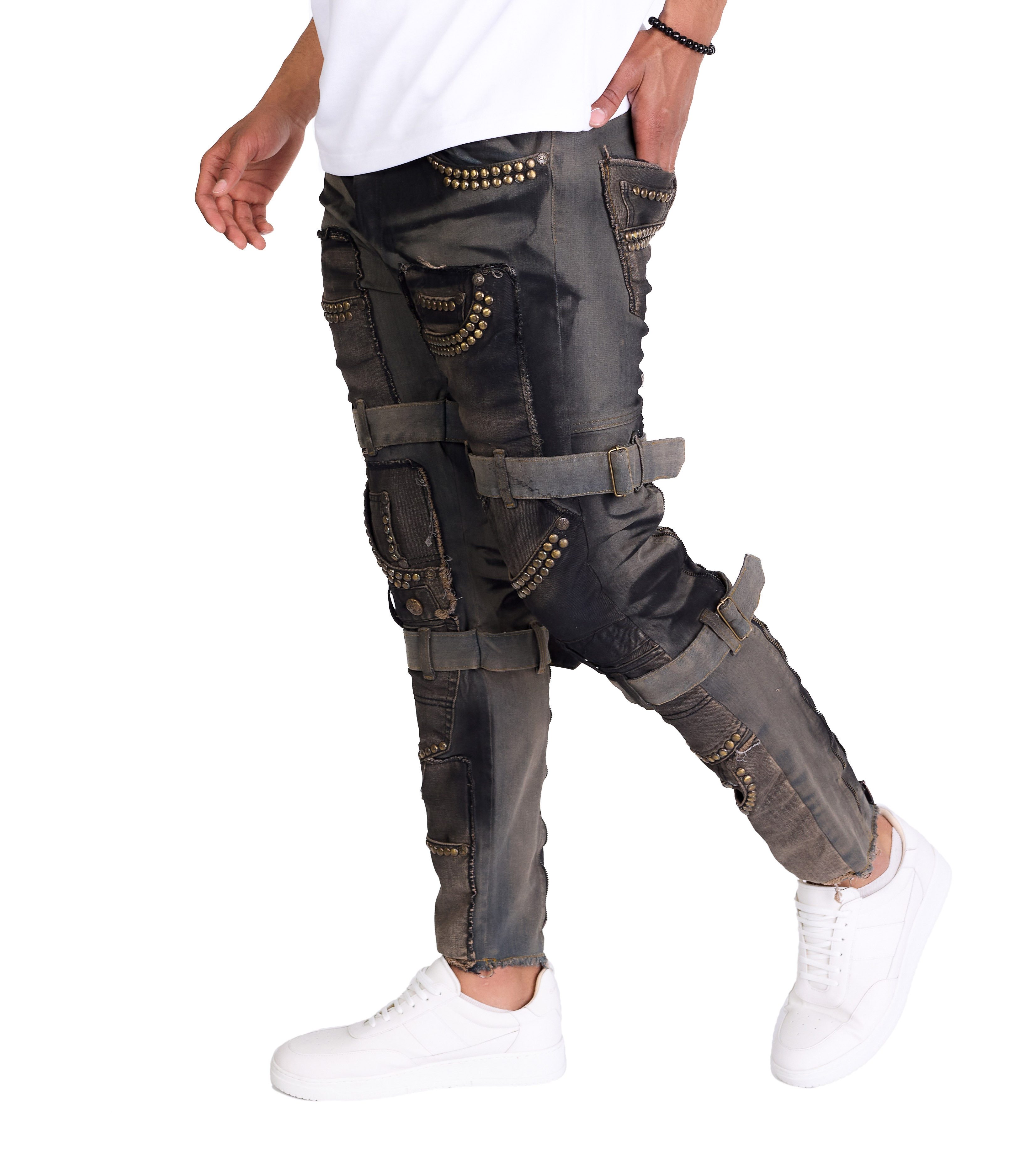 KINGZ Slim-fit-Jeans Herren Designer Patchworkjeans mit Nieten günstig online kaufen