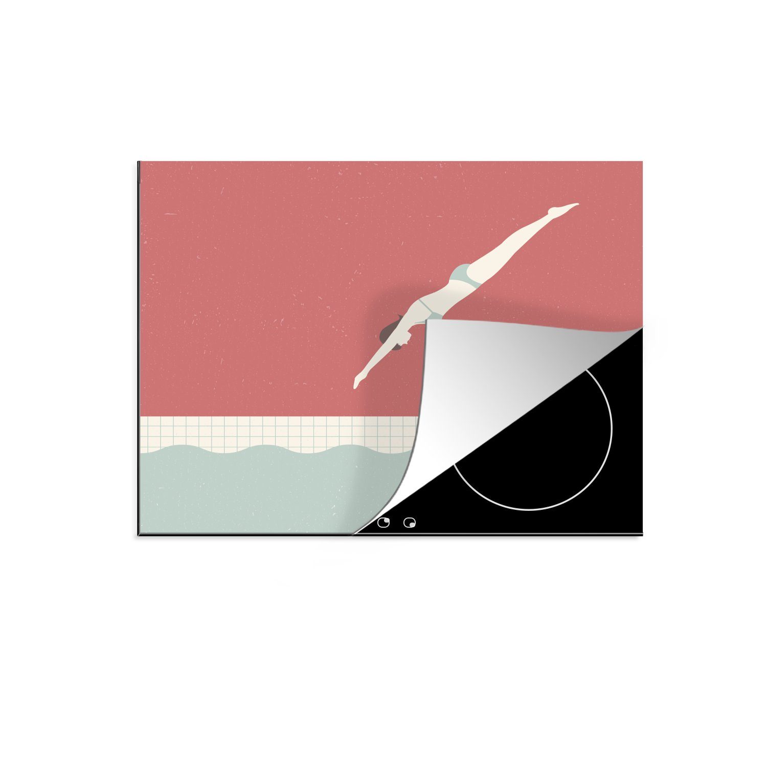 MuchoWow Herdblende-/Abdeckplatte Eine Illustration einer Frau, die beim Schwimmen taucht, Vinyl, (1 tlg), 60x52 cm, Mobile Arbeitsfläche nutzbar, Ceranfeldabdeckung