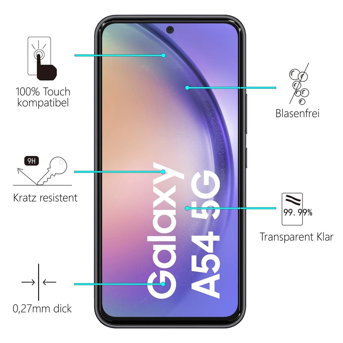 CoolGadget Schutzfolie Panzerfolie für Samsung Galaxy A54 5G, (9H Härtegrad, 2x Schutzglas, 1xReinigungset), Displayfolie Panzer Schutzfolie 2 Stück für Samsung A54 5G Glas Folie