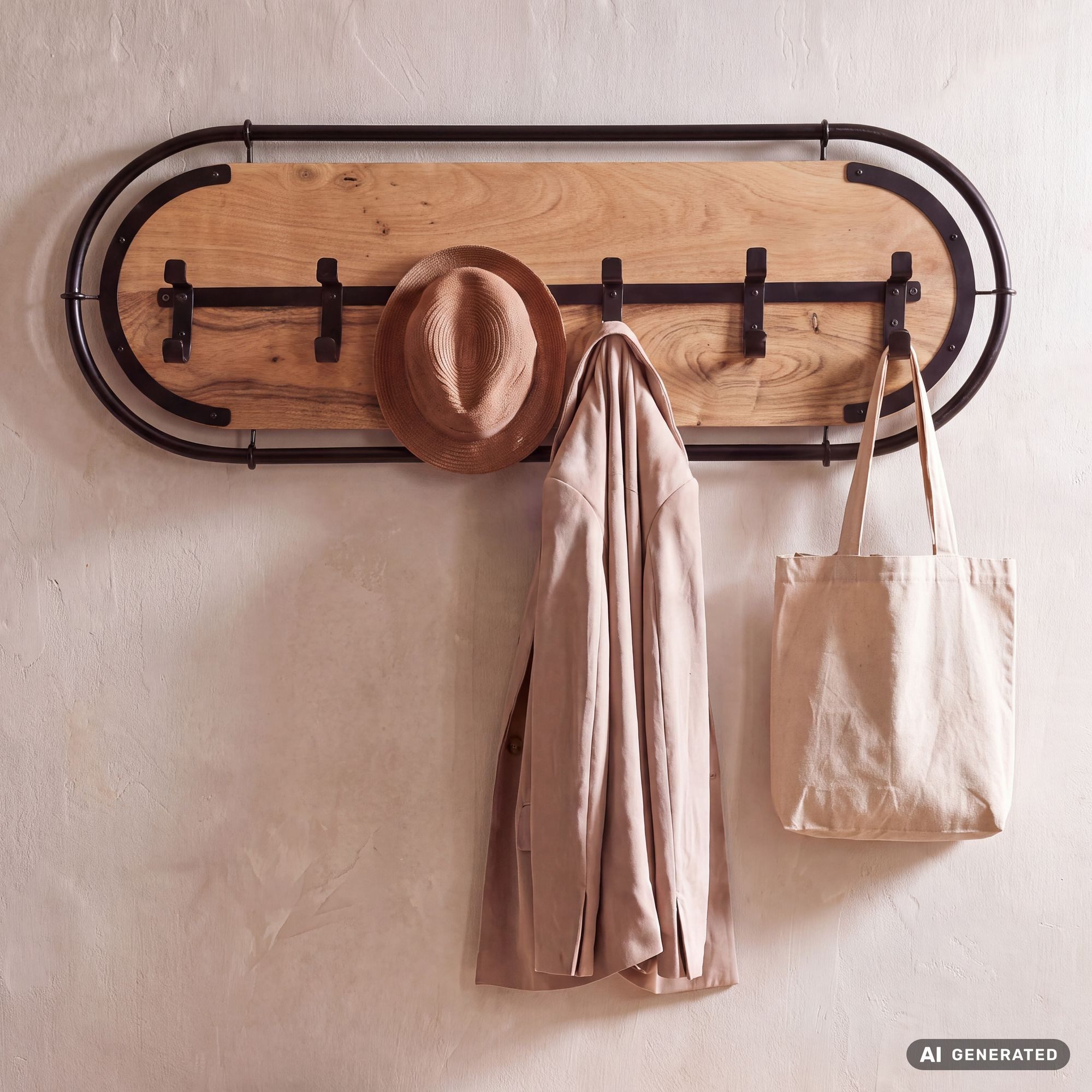 FINEBUY Wandgarderobe FB82161 Hängegarderobe 120cm Garderobe Flurgarderobe Massivholz Metall (Garderobenpaneel mit sechs Haken für deinen Flur), Garderobenleiste mit ovalem Metallrahmen von FINEBUY