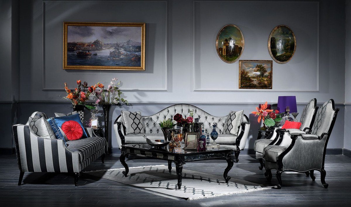 Casa Padrino Couchtisch Luxus Barock Set Silber / Schwarz - 2 Sofas & 2 Sessel & 1 Couchtisch & 2 Beistelltische - Möbel im Barockstil - Edel & Prunkvoll