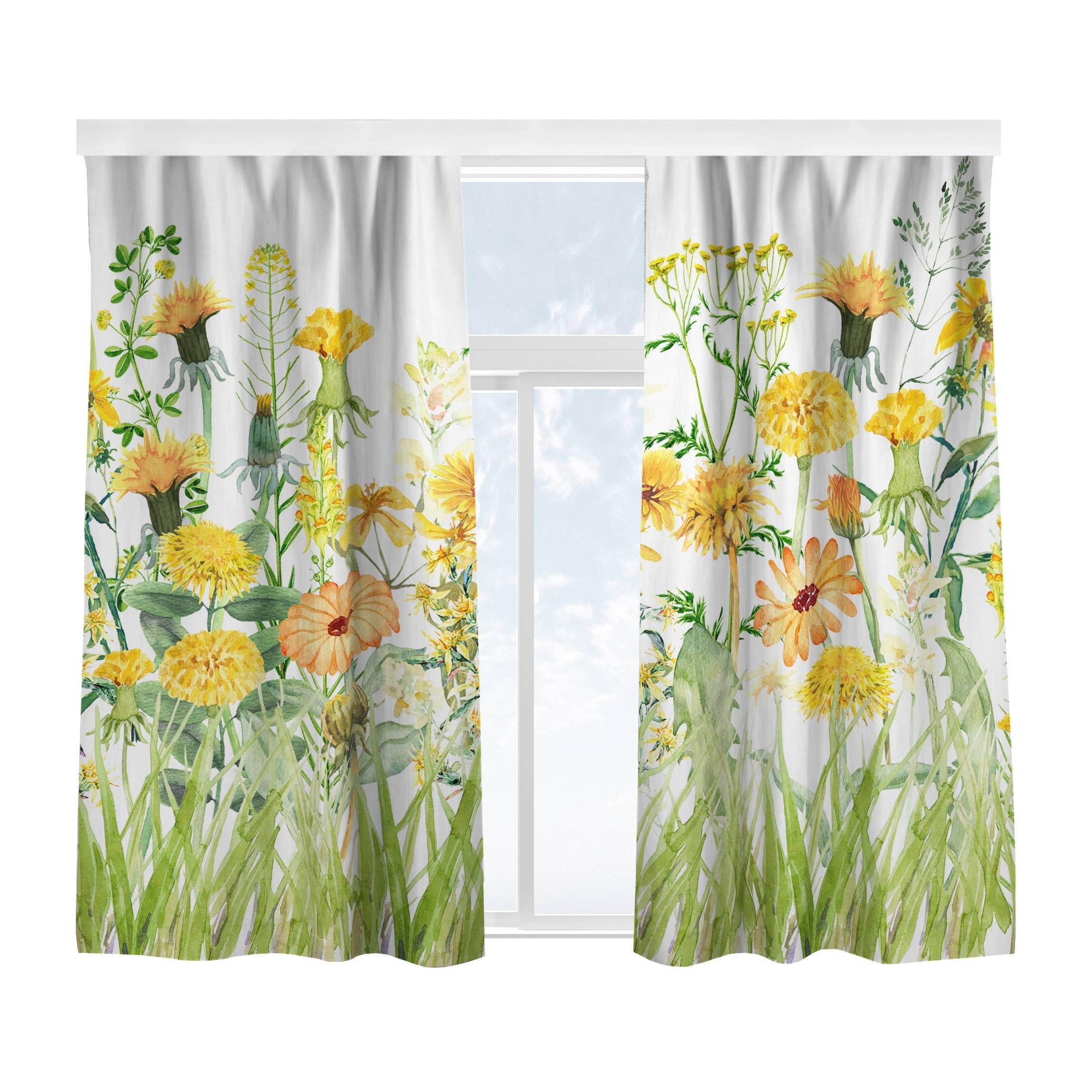 Bilderdepot24 Vorhang Gardine Modern Natur Aquarellierte Blumenwiese Gelb Türvorhang (2 St), Multifunktionsband, blickdicht, Samt, Schiebegardinen Schlafzimmer Wohnzimmer Schiebevorhang