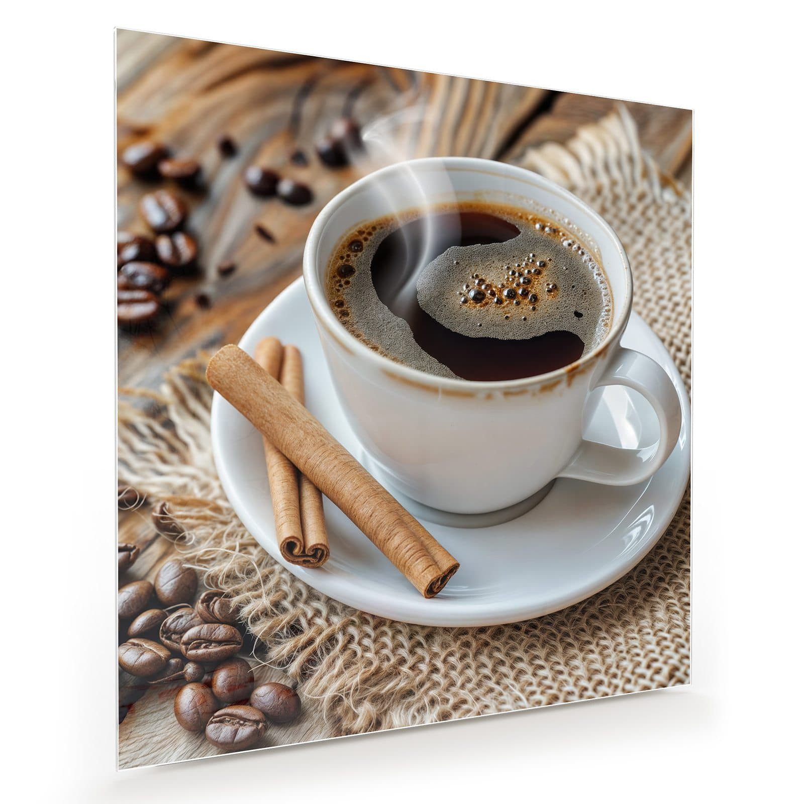 Glasbild Wandbild Quadratisch Kaffee und Zimt mit Aufhängung