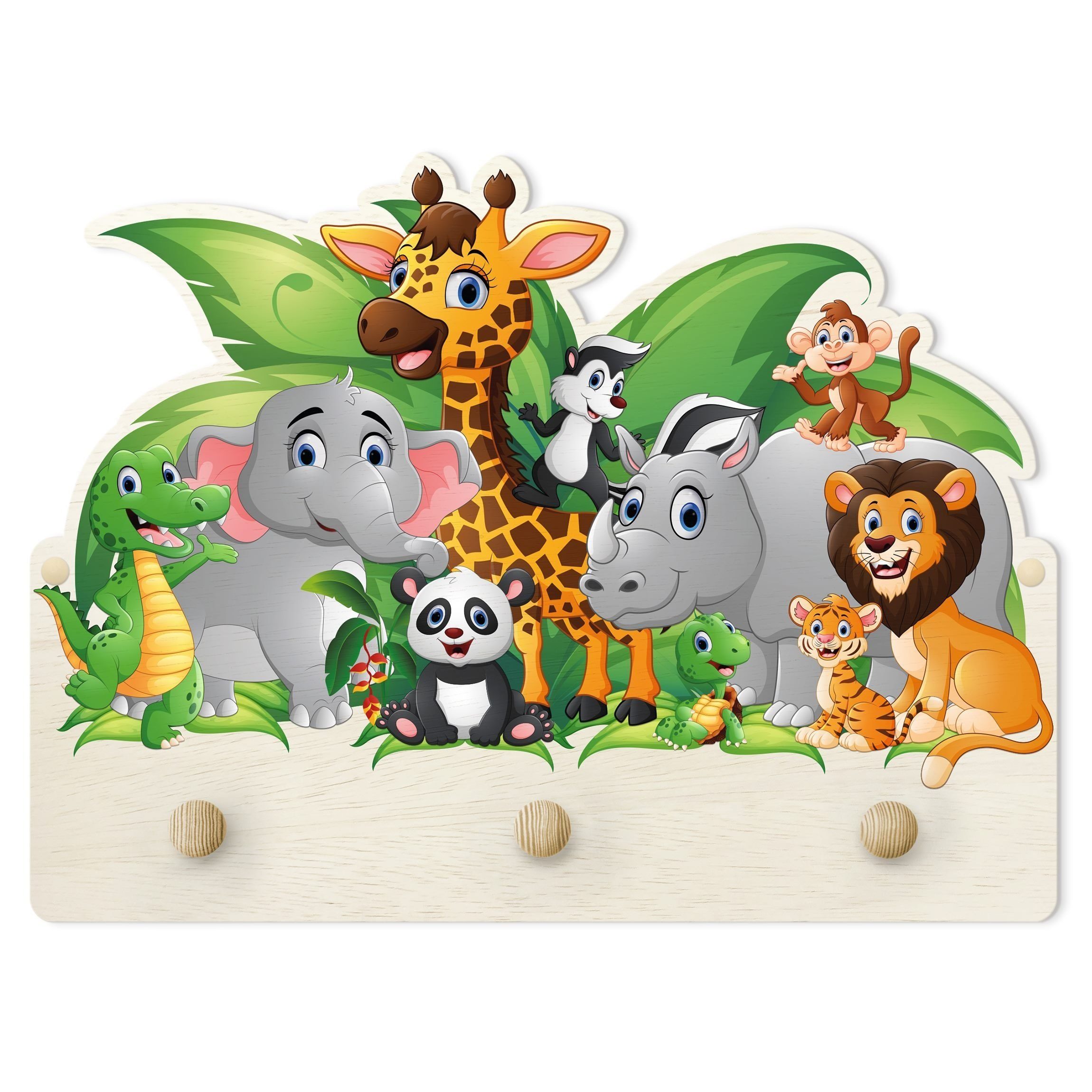 Bilderdepot24 Garderobenpaneel bunt Tiere Tiere des Dschungels (Kindergarderobe holz Kleiderhaken für die Wand inkl. Montagematerial), moderne Wand Garderobenleiste Flur - kleine Hakenleiste Kinderzimmer