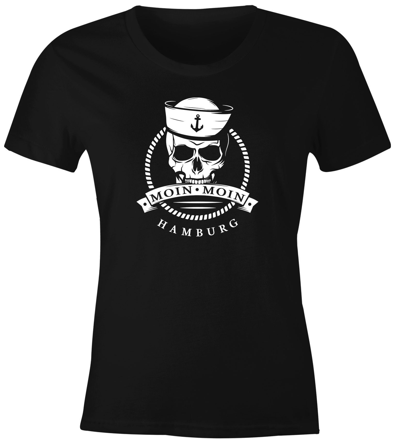 MoonWorks Print-Shirt Damen T-Shirt Totenkopf Matrose Anker Motiv Skull Emblem Schriftzug Moin Moin Hamburg Spruch Frauen Fun-Shirt Moonworks® mit Print