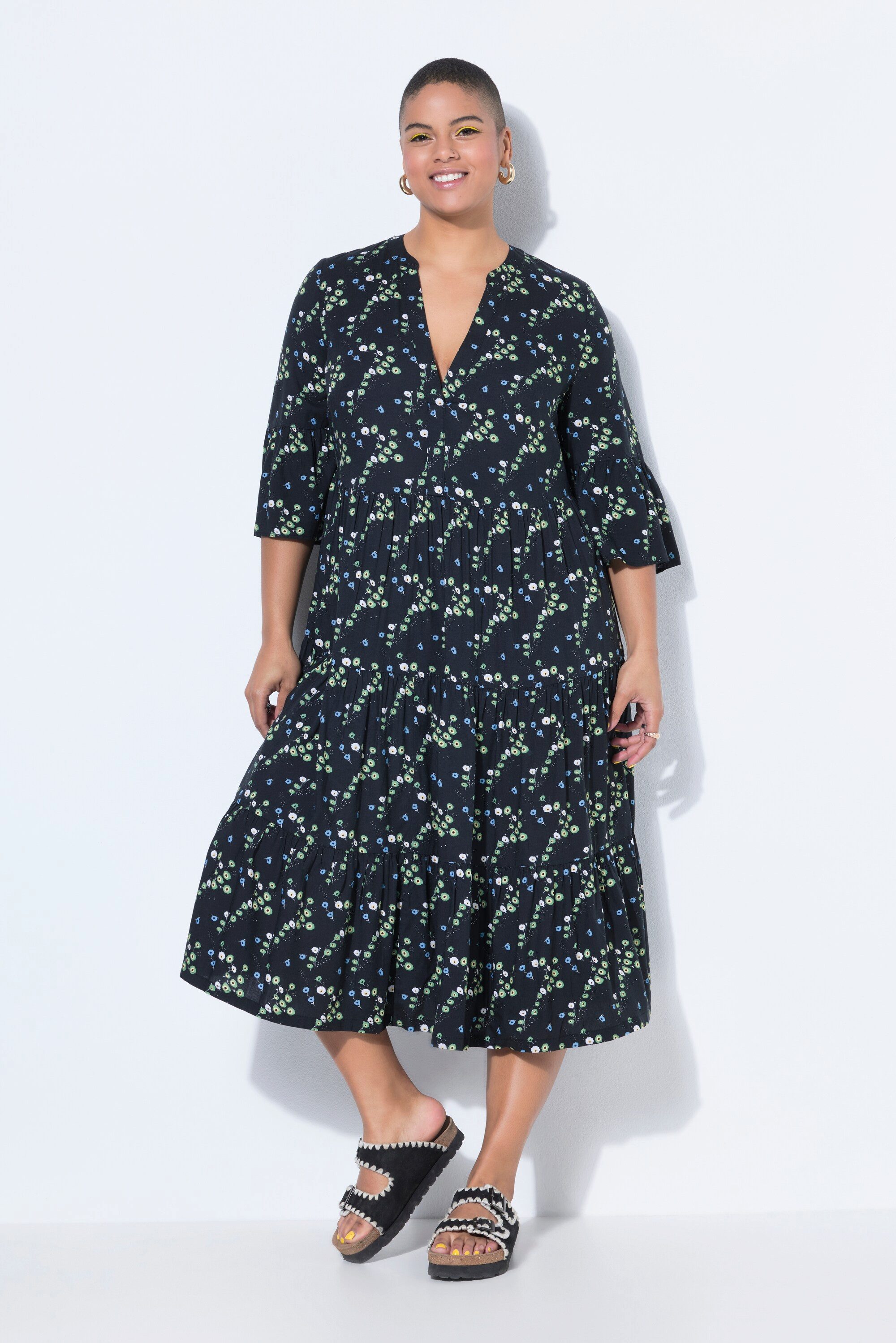 Maxikleid Midi-Kleid Alloverprint V-Ausschnitt Volants