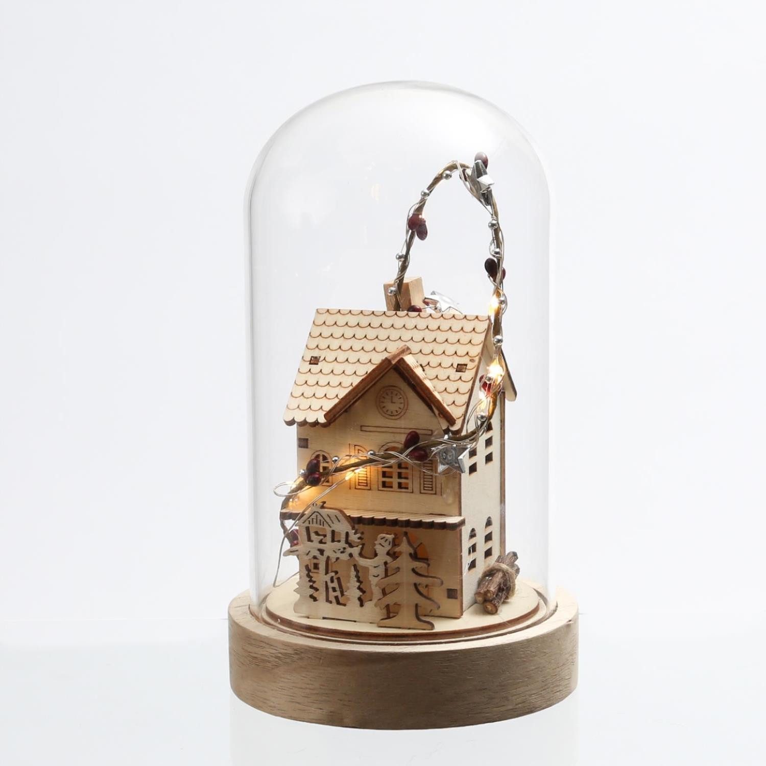 MARELIDA LED Dekoobjekt LED Deko in Glaskuppel Holzhaus Weihnachtsdeko 10 LED 20cm natur, LED Classic, warmweiß (2100K bis 3000K)