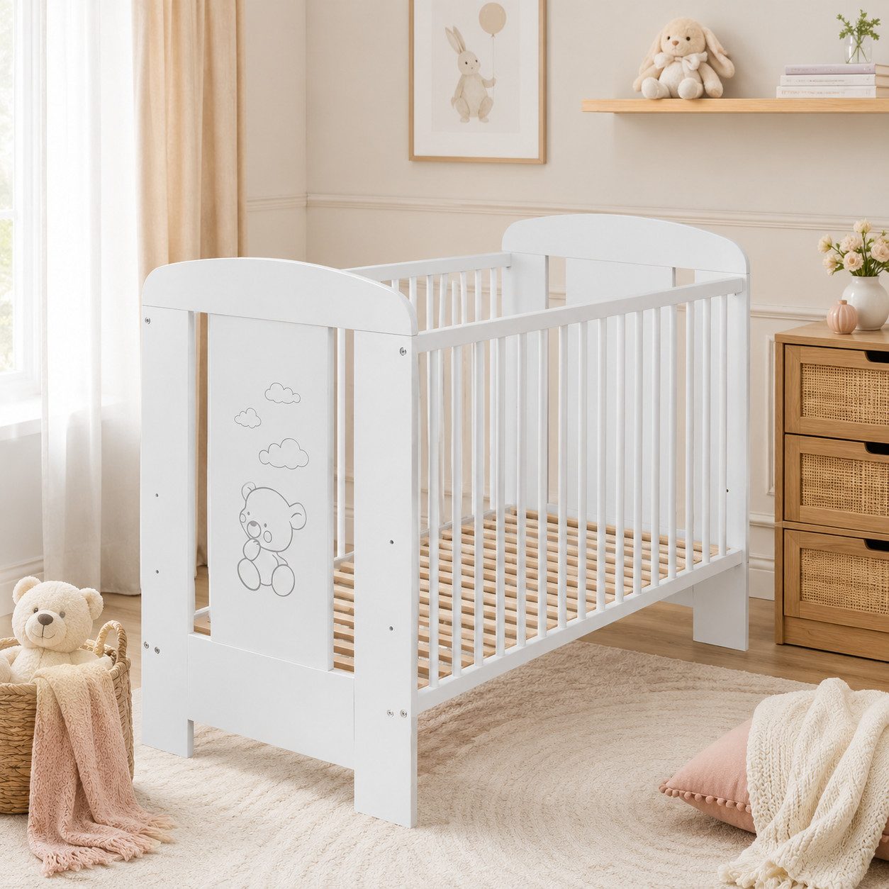 Best for Kids Babybett 120x60cm mit und ohne Matratze, 4-teilig, aus Buchenholz, 1-tlg., Kinderbett, Babybett 60x120 cm mit 3 herausnehmbare Schlupfsprossen