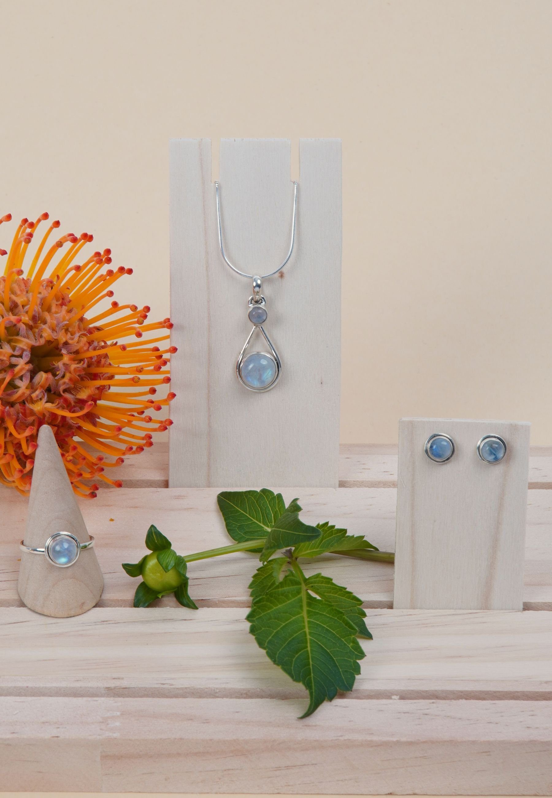 mantraroma Schmuckset 925er Silber mit Regenbogen Mondstein (Schmuckset aus 925 Silber)