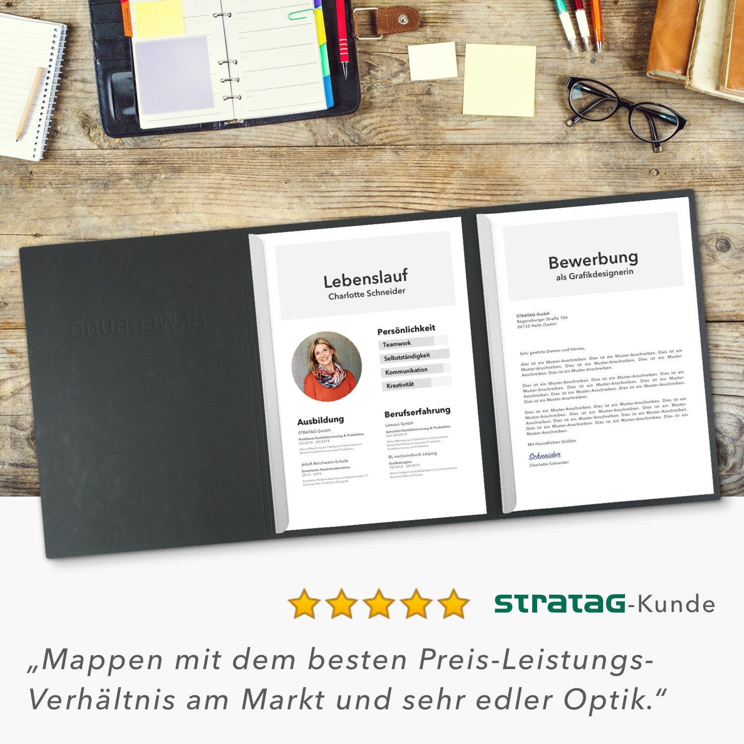 STRATAG Bewerbungsmappe in feinster Lederstruktur - 10 Stück 3-teilig mit 2 Klemmschienen (Set, 10-St., mit hochwertiger Relief-Prägung BEWERBUNG), direkt vom H – Bild 5 von 5