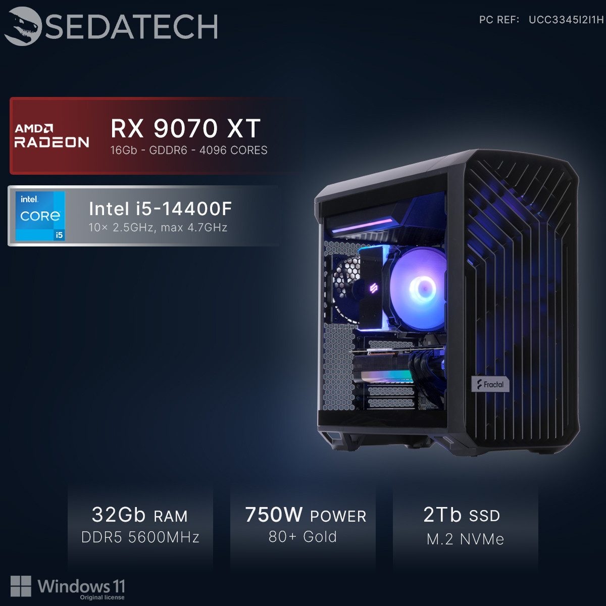 Sedatech UCC3345I2I1HF - Workstation Business-PC (Intel Core i5 14400F 10x 2.5GHz (max 4.7GHz), Radeon RX 9070 XT 16GB, 32 GB RAM, 2000 GB SSD, Wlan 6E)