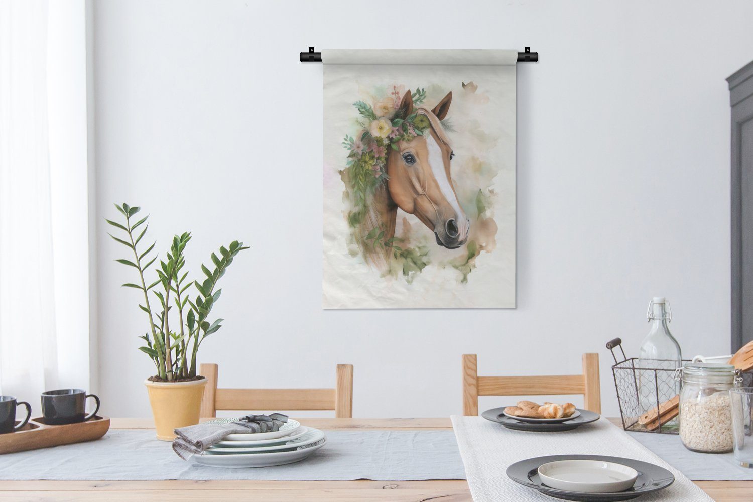 - Wanddekoobjekt Tiere, - Pferd Natur - Schlafzimmer Wohnzimmer, der Wand, an MuchoWow für Blumen - Deko Aquarell Tapisserie,