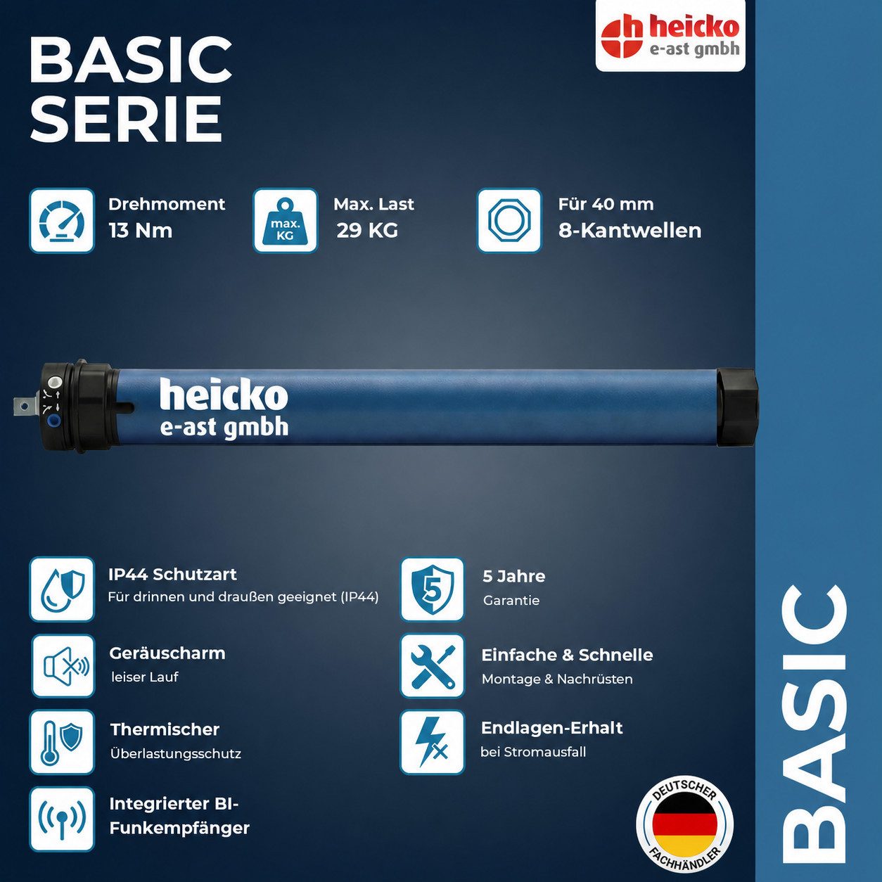 heicko e-ast GmbH Rollladenmotor heicko 10-50Nm Rollladenmotor Rohrmotor SW40-60 Antrieb Funk basic