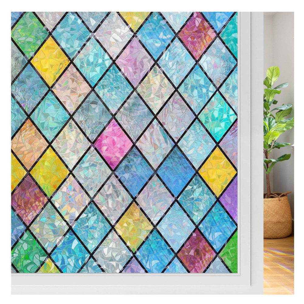 Agger Fensterfolie Blickdicht Selbsthaftende, Sichtschutzfolie Fenster Raute Bunt, 3D Regenbogen Folie Fenster Statisch Haftend ohne Klebstoff